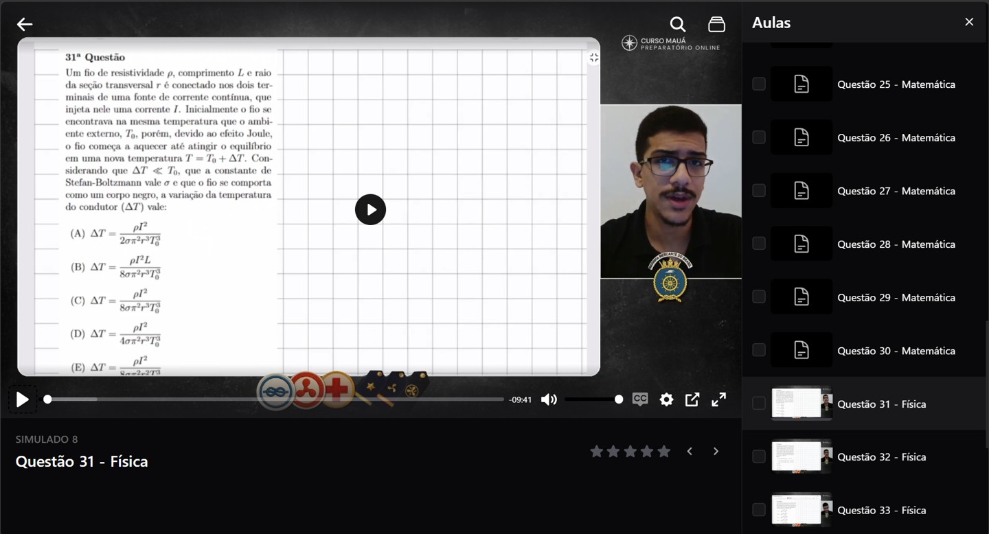 Resolução em vídeo de questão de prova anterior na plataforma do Curso Mauá